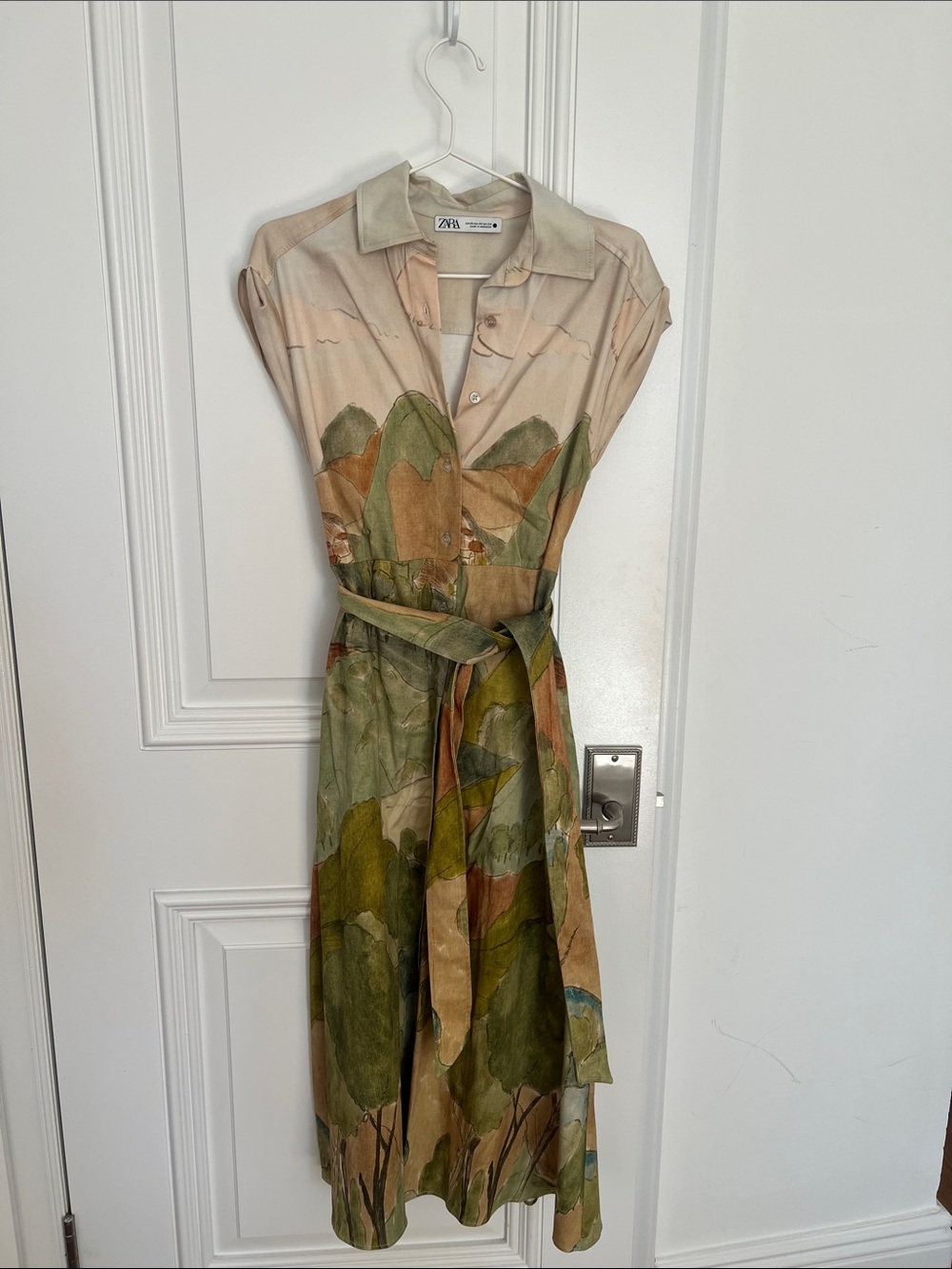 Zara Green & Tan Watercolor Shirt Dress with Belt